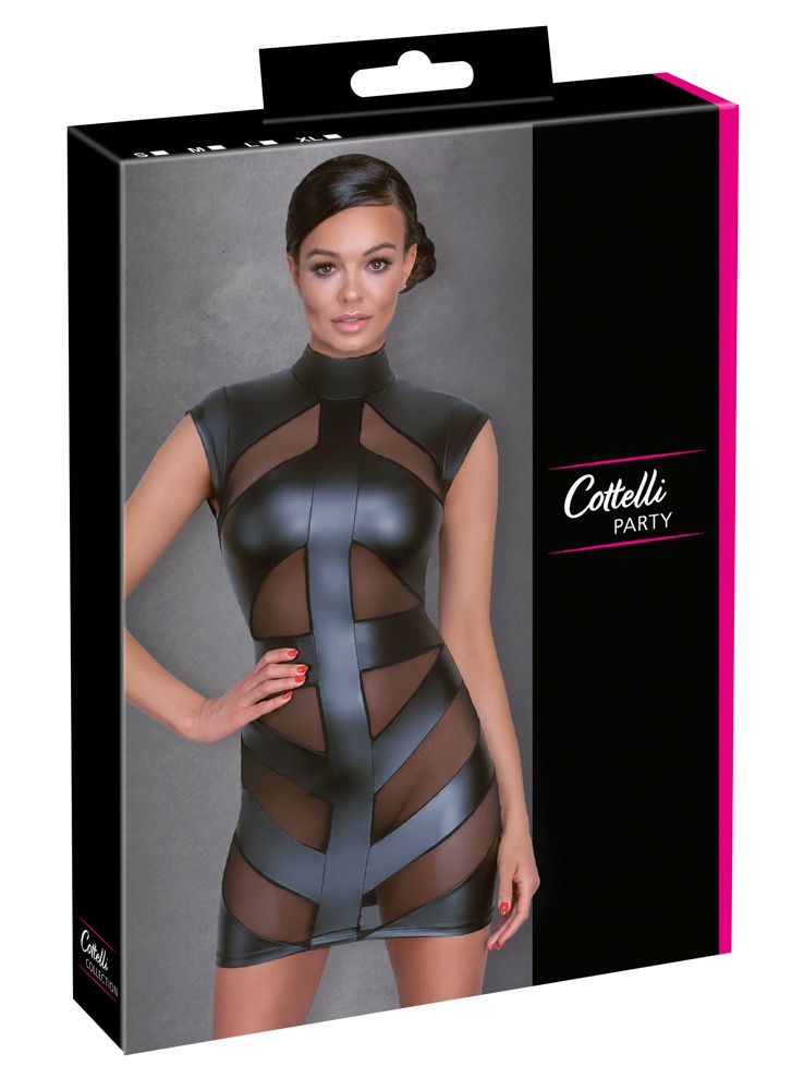 Rochie Mini Cottelli PARTY – Neagră Matte Look cu Inserții Powernet și Decupaj la Spate