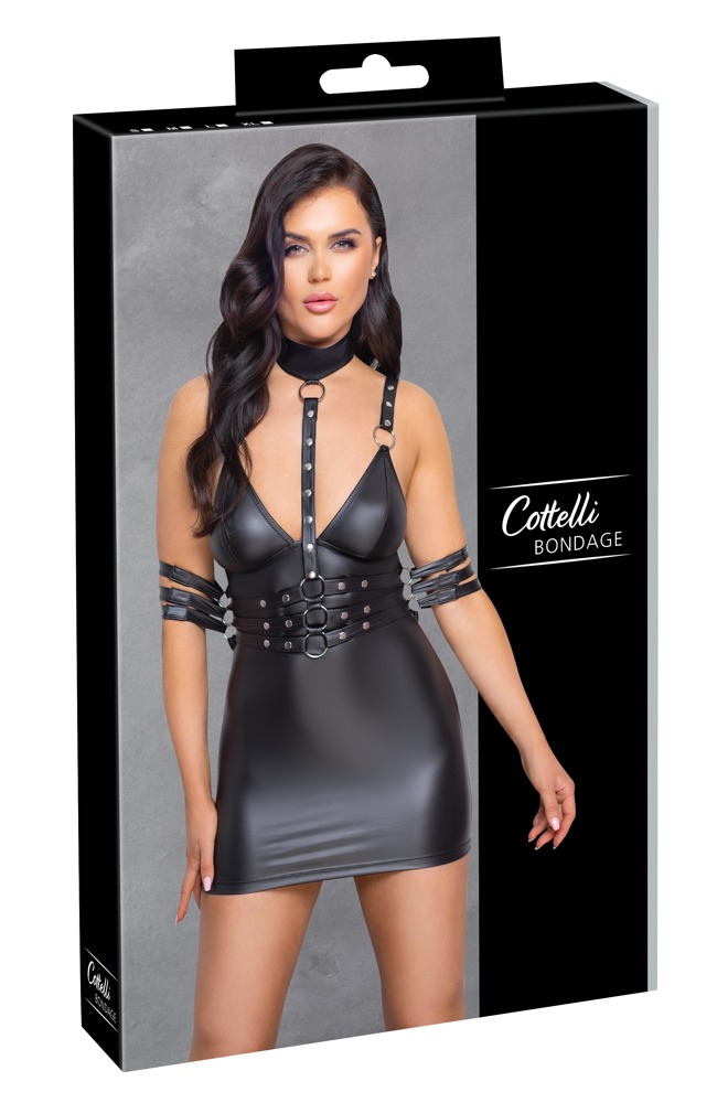 Rochie Cottelli BONDAGE – Neagră Matte Look, cu Curele și Elemente Metalice