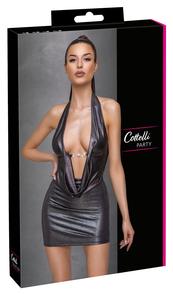 Rochie Mini Cottelli PARTY – Argintie, Lucioasă, cu Decolteu Waterfall și Halter