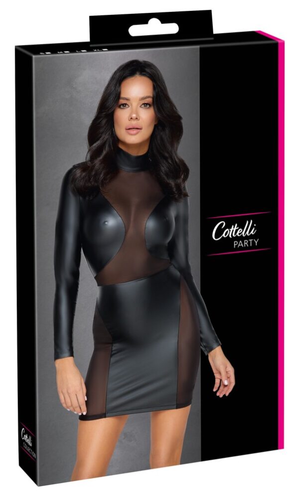 Rochie Cottelli PARTY cu Mâneci Lungi – Neagră Matte Look și Powernet Transparent