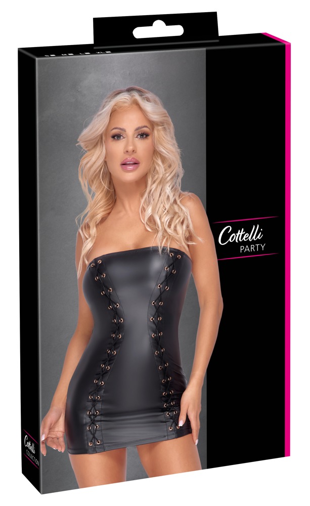 Rochie Mini Tube Cottelli PARTY – Neagră Matte Look, Fără Bretele și cu Șnururi Decorative