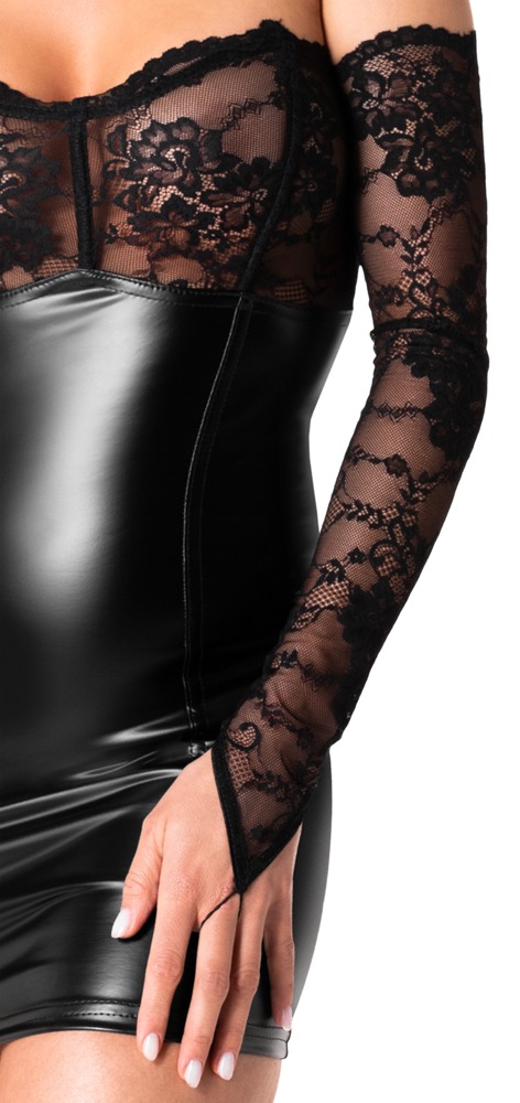 Noir Rochie Orgia Mini cu Dantelă și Mănuși pentru Brațe - imagine 5