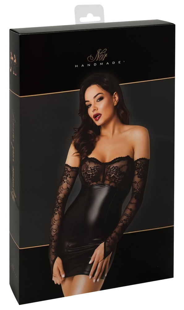 Noir Rochie Orgia Mini cu Dantelă și Mănuși pentru Brațe
