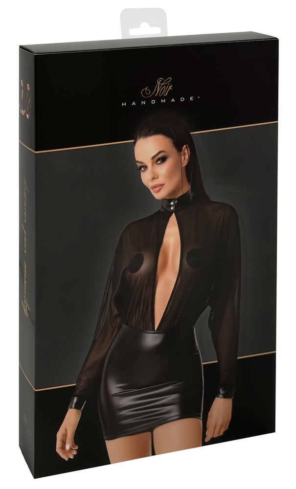 Rochie Noir Orgia din Tulle și Powerwetlook – Neagră, cu Mâneci Largi
