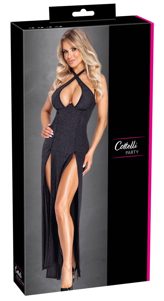 Rochie Lungă Cottelli PARTY – Neagră cu Sclipici, Decolteu Halter și Șlițuri
