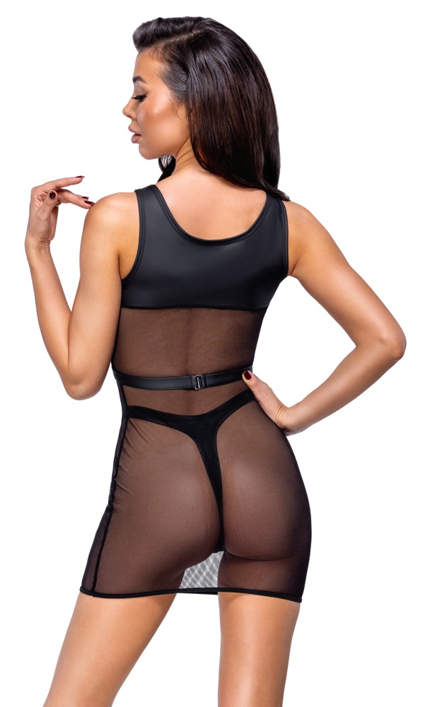 Rochie Mini Cottelli PARTY cu Tanga – Plasă Neagră și Harness Matte Look - imagine 3