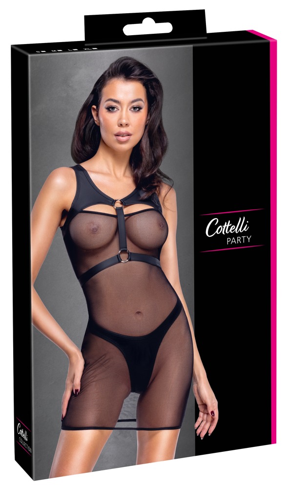 Rochie Mini Cottelli PARTY cu Tanga – Plasă Neagră și Harness Matte Look