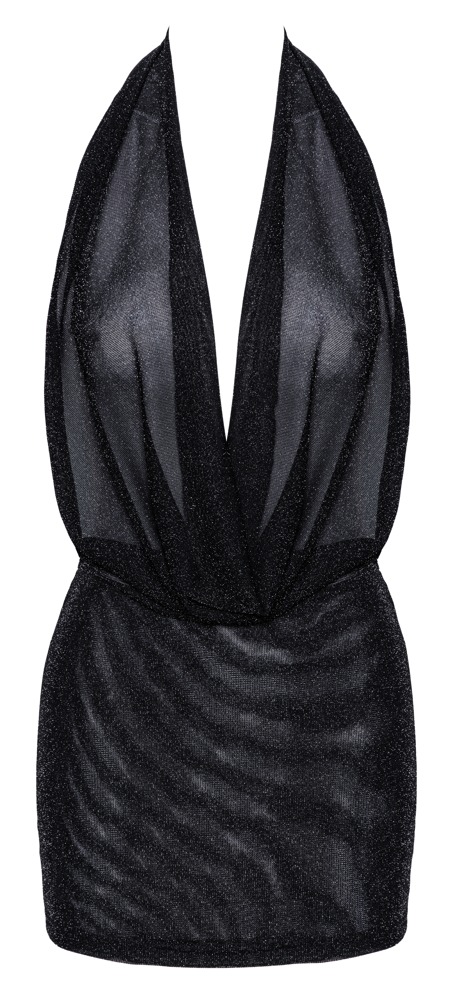 Rochie Noir Orgia Luminara – Neagră, cu Efect de Sclipici Argintiu și Decolteu Cowl - imagine 5