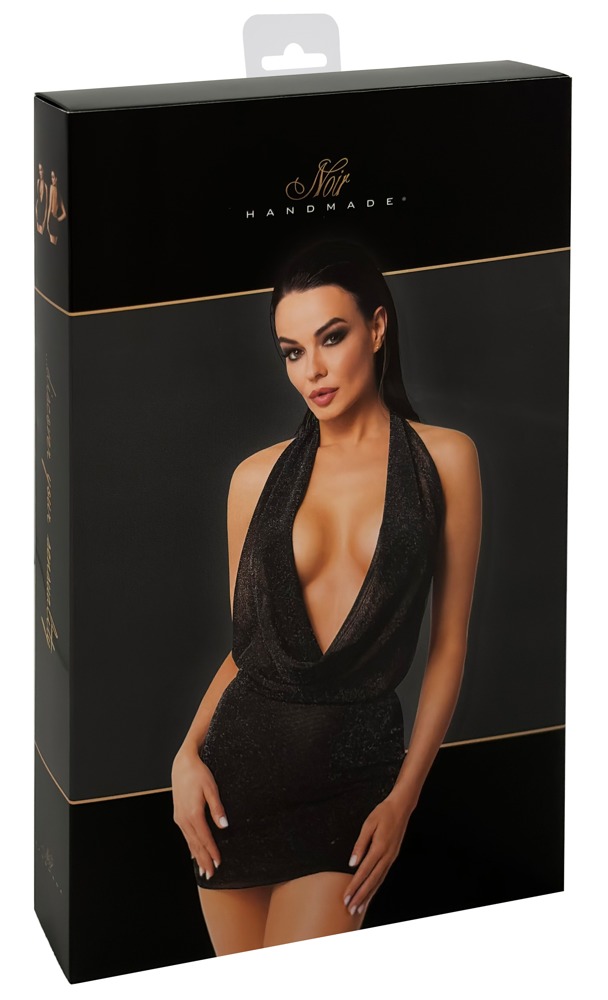 Rochie Noir Orgia Luminara – Neagră, cu Efect de Sclipici Argintiu și Decolteu Cowl