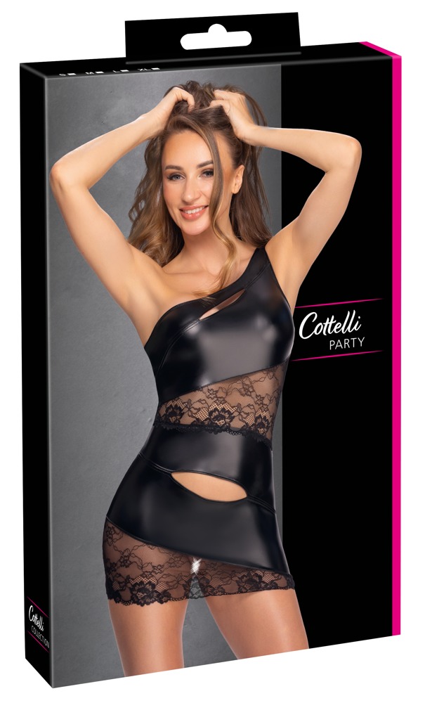 Rochie Mini Cottelli PARTY Asymmetrical – Matte Look și Dantelă, Neagră