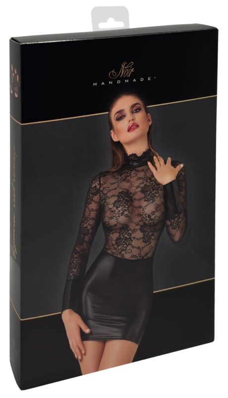 Noir Rochie Mini din Dantelă cu Zgardă și Detalii Powerwetlook, Negru
