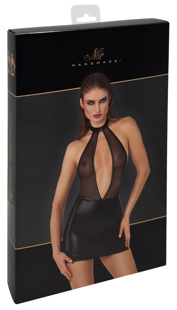 Rochie Mini Noir Sparkle – Powerwetlook și Powernet Transparent, Neagră
