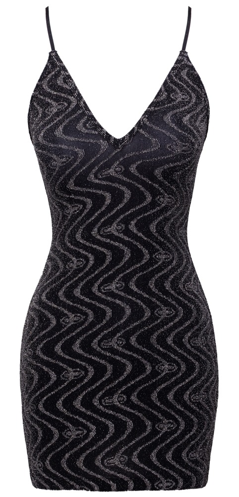 Rochie Mini Cottelli PARTY – Neagră cu Model Zig-Zag Argintiu - imagine 5