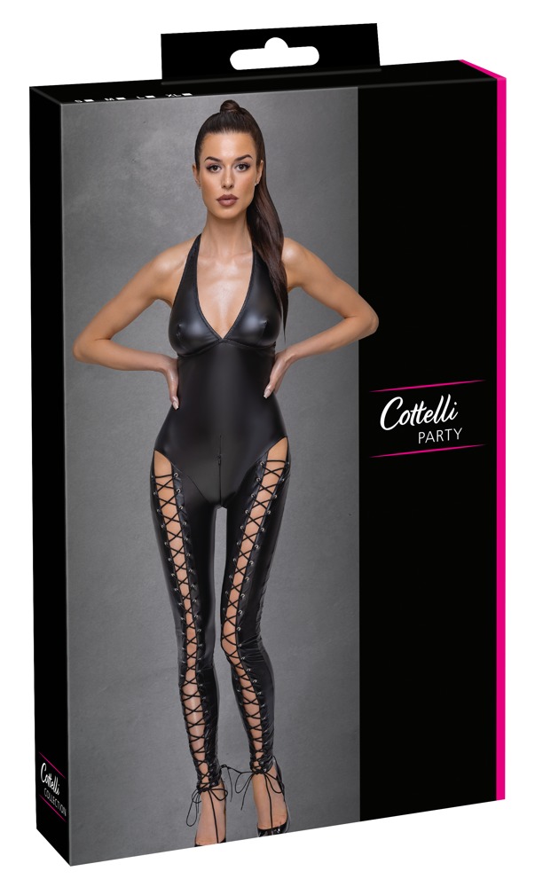 Salopetă Cottelli PARTY Lacing – Neagră Matte Look, Mulată și cu Șnururi Decorative