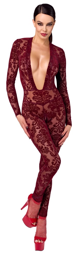 Noir Kink Royal Salopetă Roșu Burgund cu Mâneci Lungi și Decolteu Adânc - imagine 2