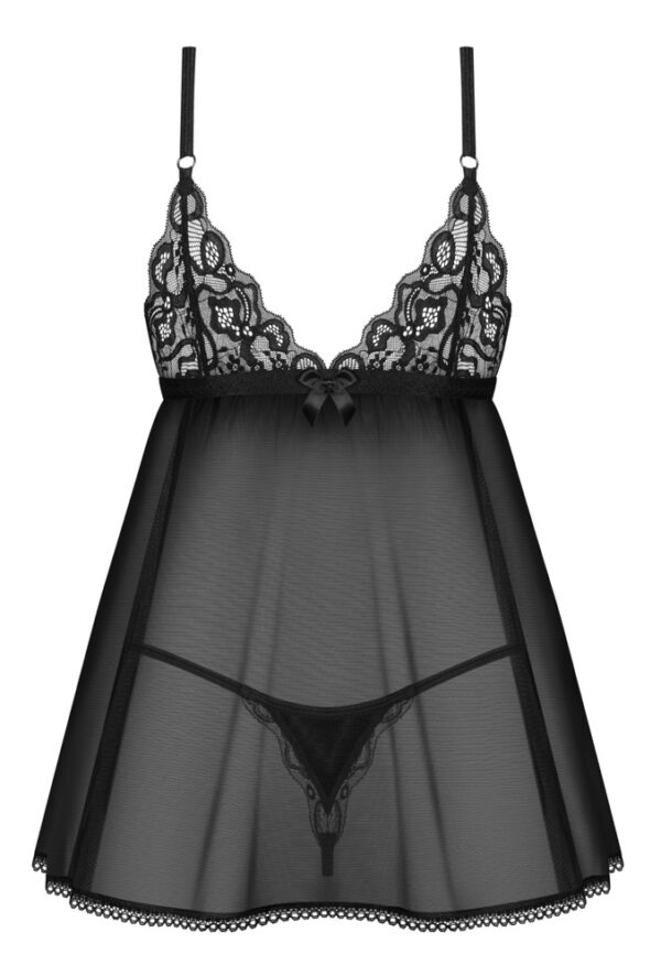 Obsessive Blomentis Babydoll Transparent cu Tanga, Negru, XL/2XL - imagine 6