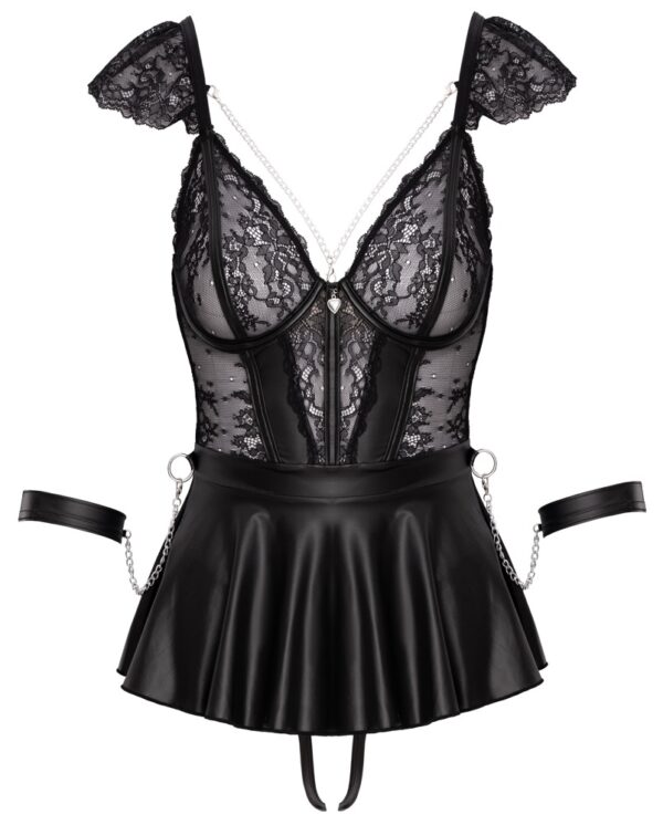 Cottelli BONDAGE Babydoll Negru cu Tanga Deschis și Brățări pentru Încheieturi Marime S - imagine 6