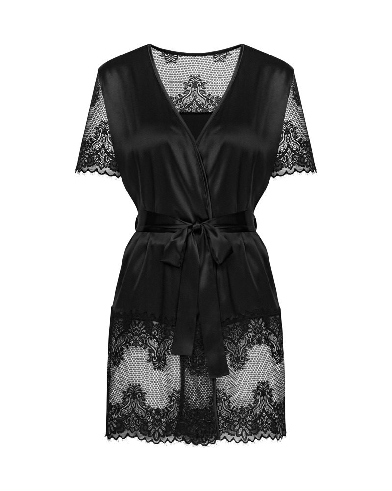 OBS Maderris Obsessive Peignoir Negru din Satin și Dantelă XS/S - imagine 3