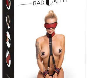 Bad Kitty Neck to Wrist Set Bondage cu Zgardă, Cătușe și Mască pentru Ochi