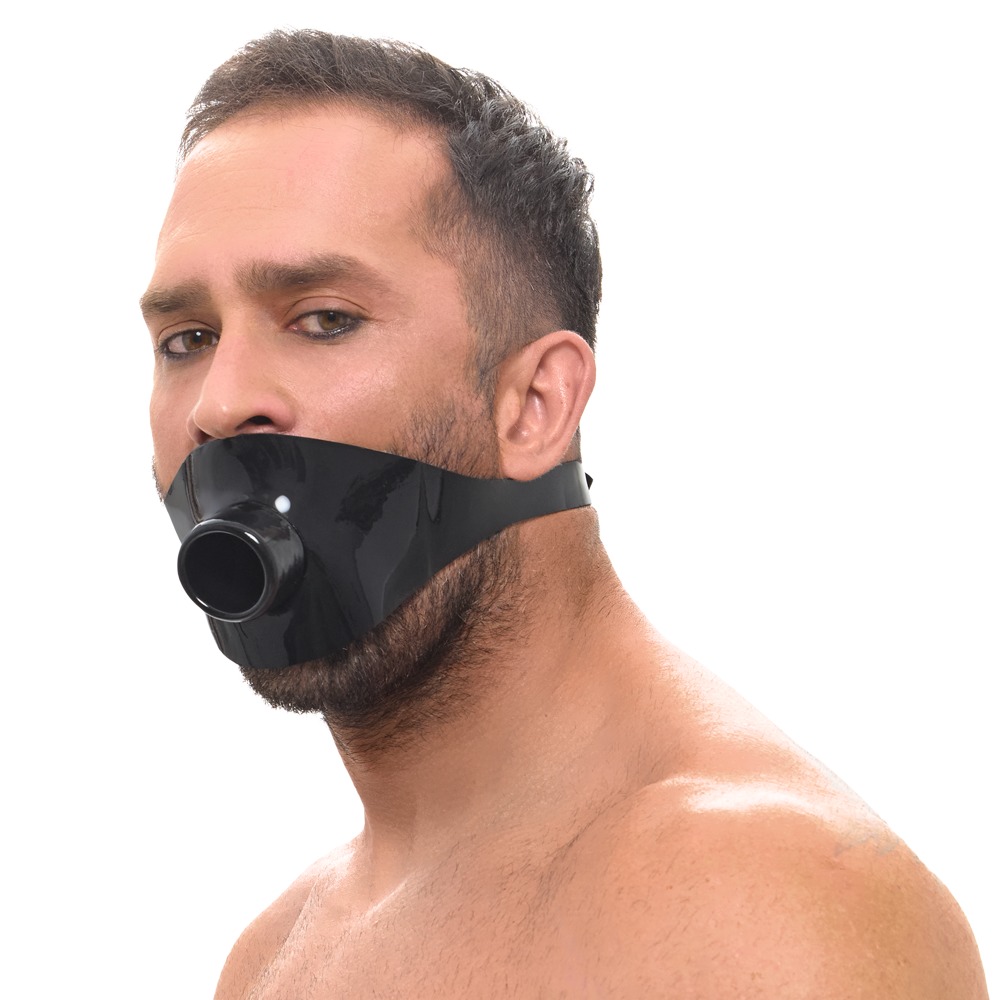 Căluș LateX Negru cu Orificiu și Curea Reglabilă - imagine 2