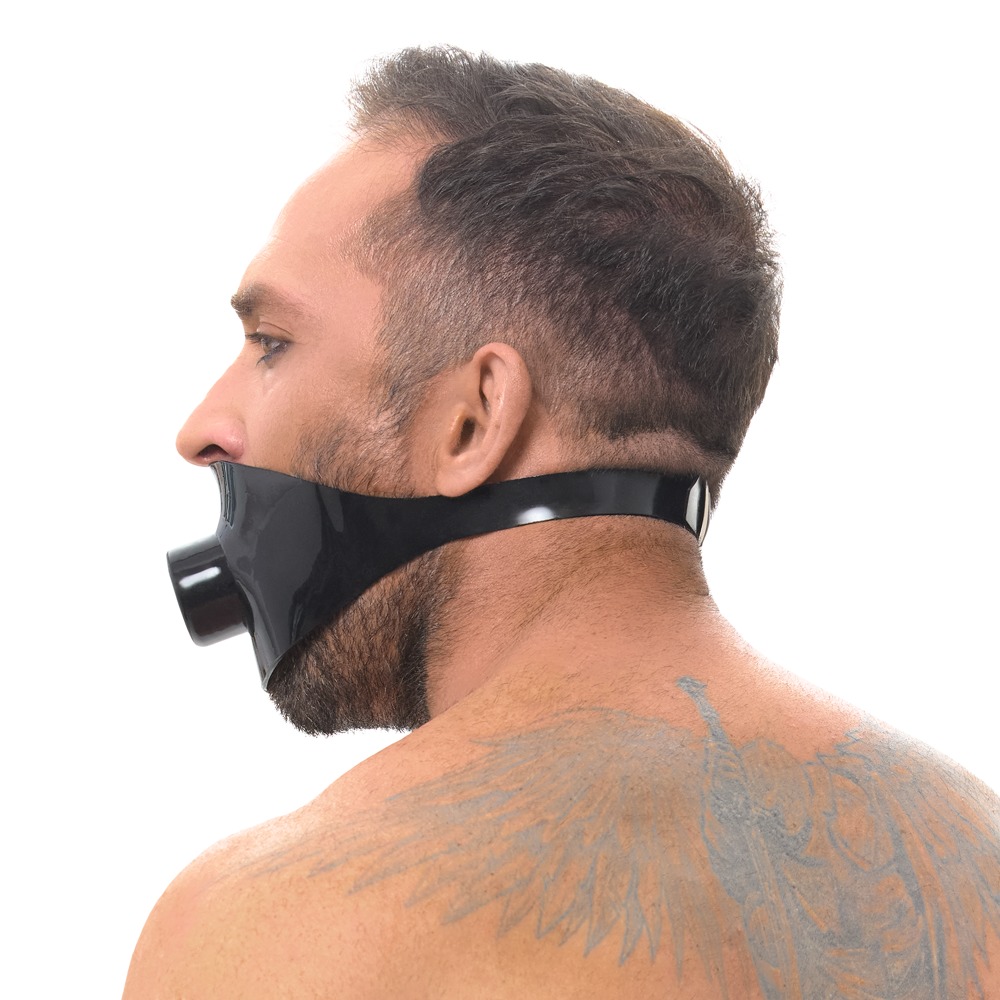 Căluș LateX Negru cu Orificiu și Curea Reglabilă - imagine 3
