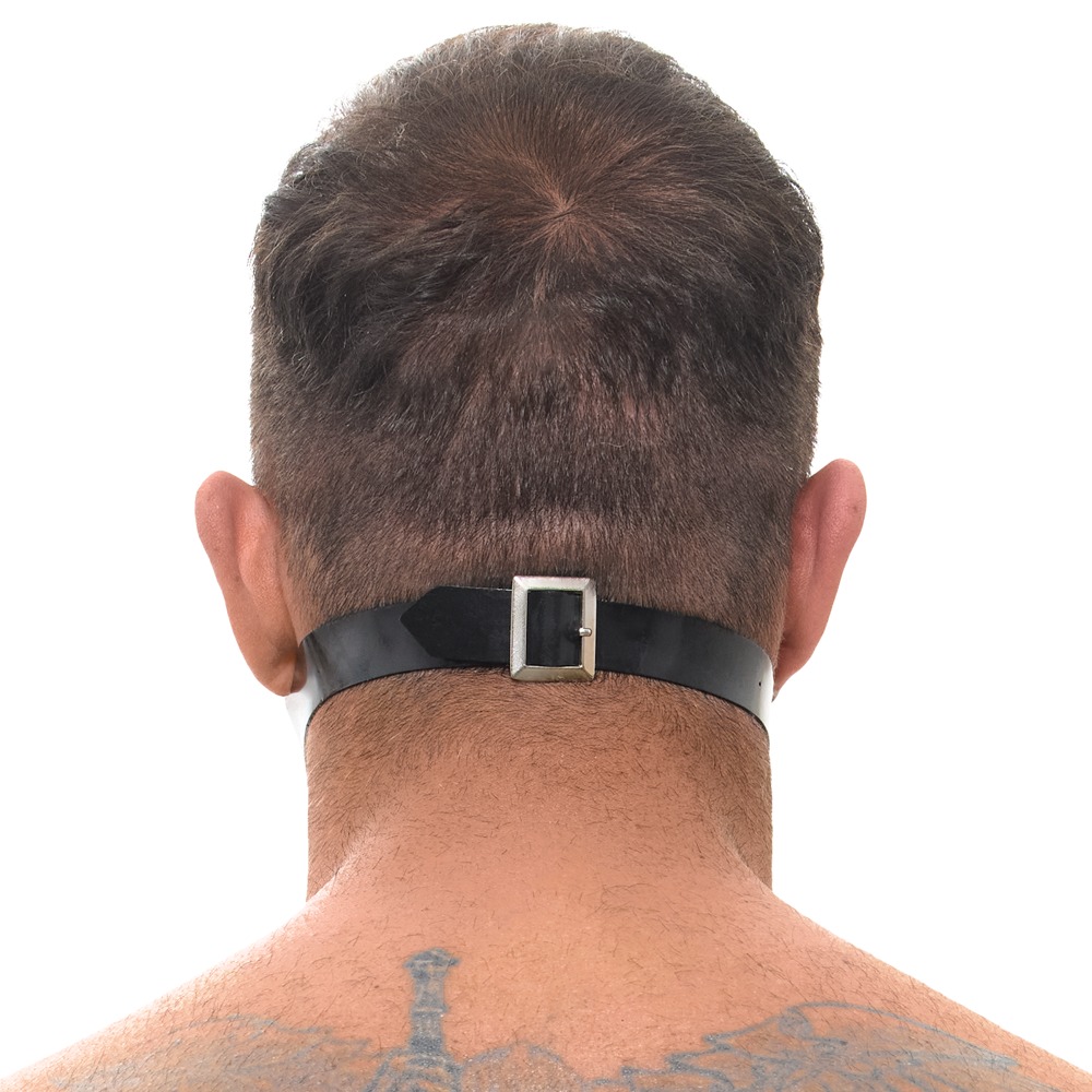 Căluș LateX Negru cu Orificiu și Curea Reglabilă - imagine 5