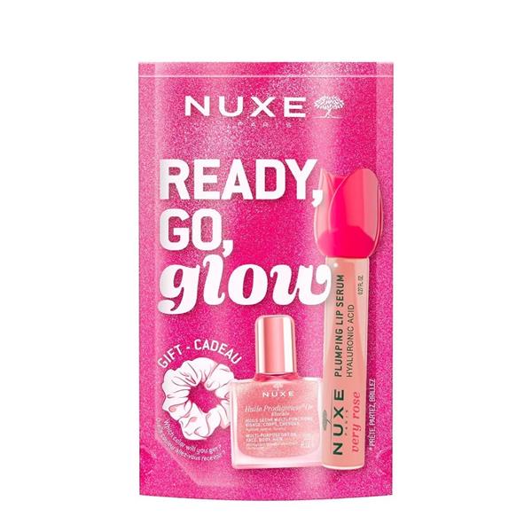 Nuxe Glow Pink Balsam de Buze 10 ml + Ulei Glow Pink 10 ml + Scrunchie