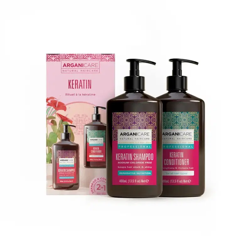 Set Arganicare: Keratin Hair Leave-In Conditioner Shiny 400 ml + Keratin Hair Shampoo Repairing & Nourishing 400 ml
