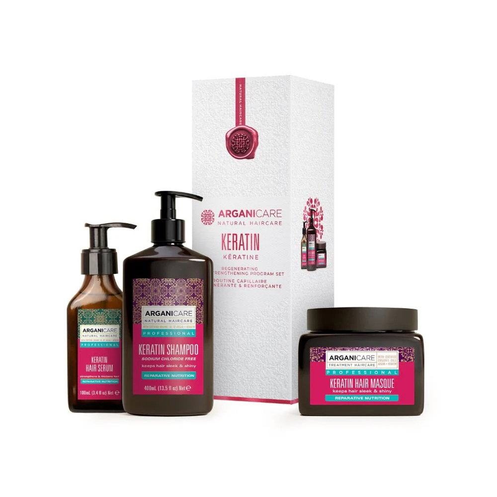 Set Arganicare: Keratin Hair Shampoo Repairing & Nourishing 400 ml + Keratin Hair Treatment Cream Mask Nourishing & Repairing 500 ml + Keratin Hair Serum Nourishing & Strengthening 100 ml