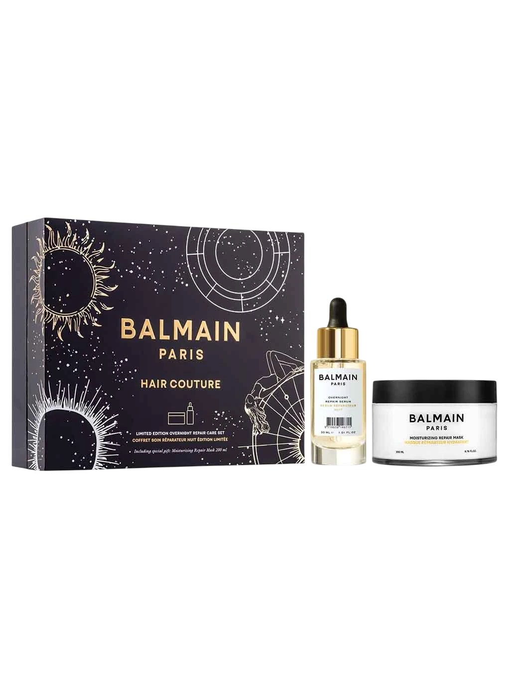 Set Balmain Professionnel Overnight Botanical Oils Hair Serum Repairing 30 ml + Moisturizing Hair Treatment Cream Mask For Repairing 200 ml